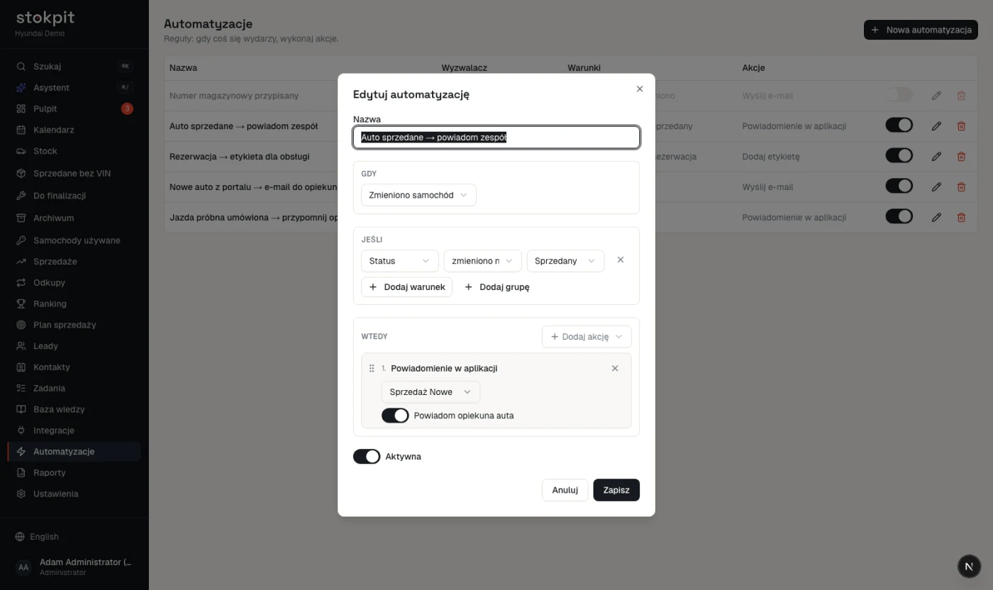 Edytor automatyzacji w Stokpit: sekcje GDY, JEŚLI i WTEDY, wyzwalacz zmiany samochodu, warunek na numerze magazynowym i akcja wysyłki e-maila ze zmiennymi.